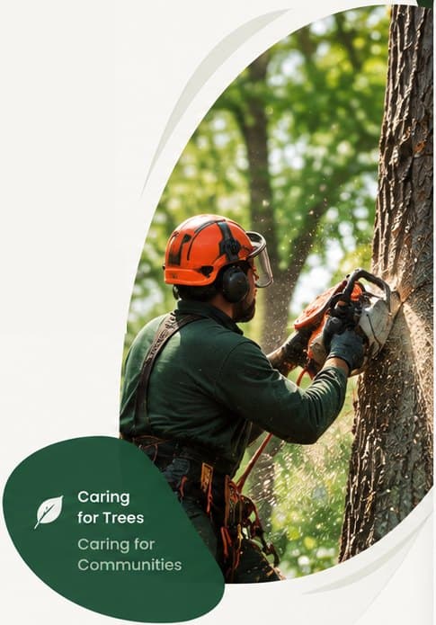Arborist cutting a tree with a chainsaw