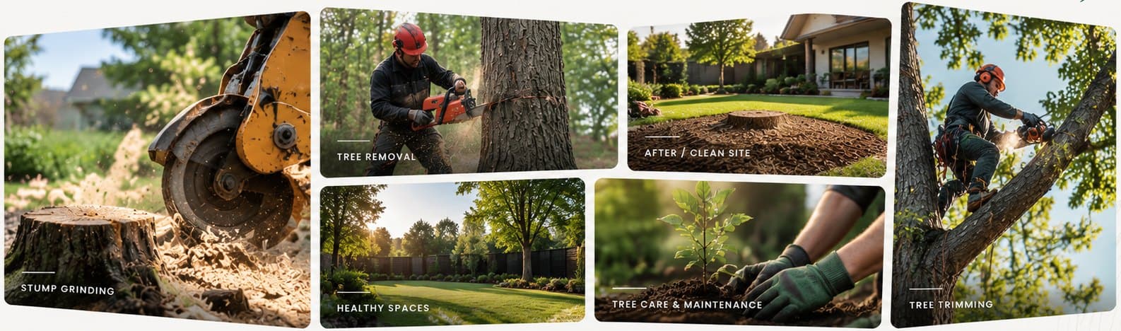 Stump grinding, tree removal, after clean site, healthy spaces, tree care & maintenance, and tree trimming projects