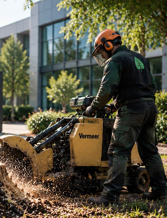 Crew grinding a stump at a commercial site