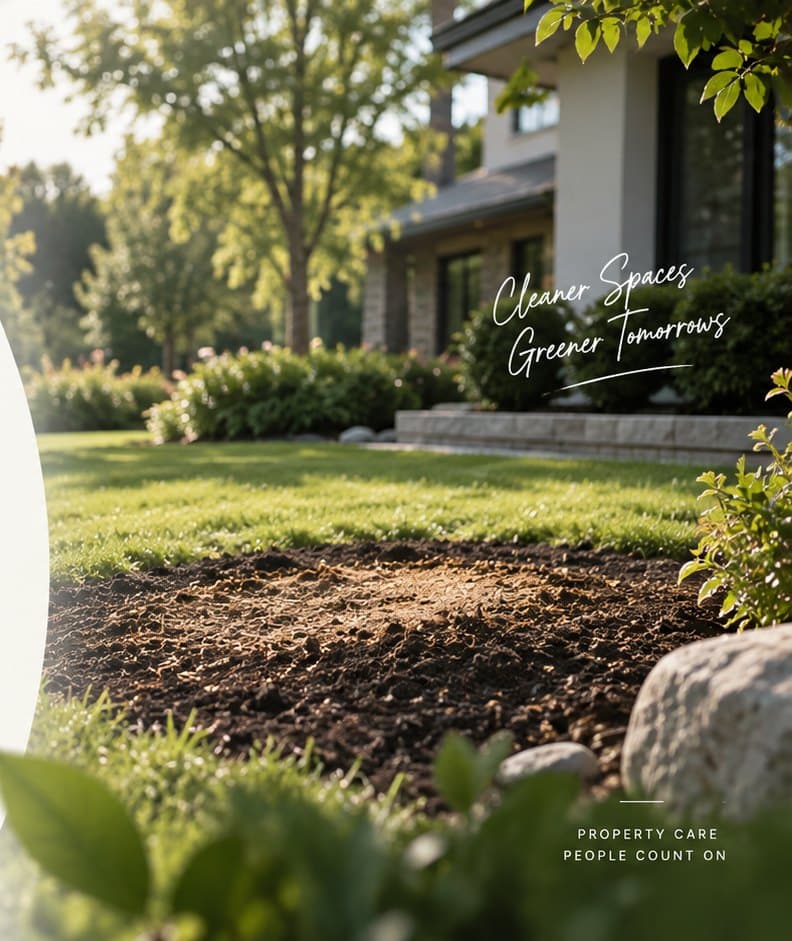 Freshly cleared and mulched lawn in front of a home