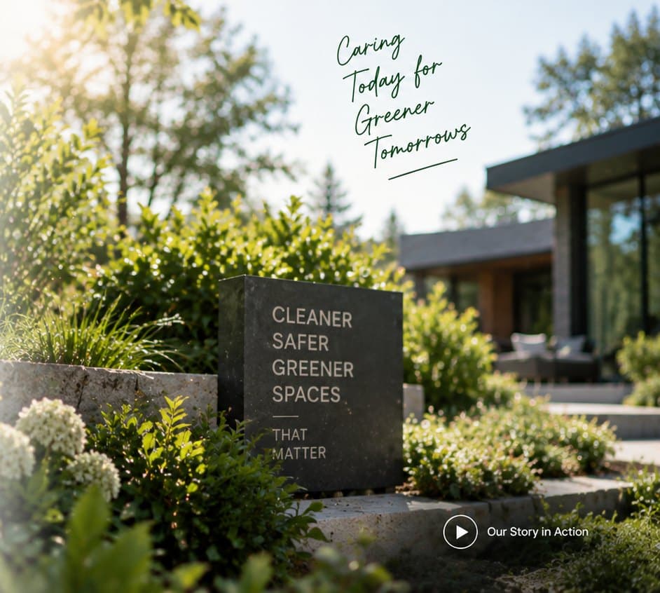 Landscaped garden with a stone sign reading Cleaner, Safer, Greener Spaces