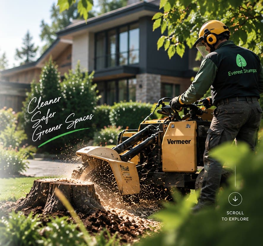 Everest Stumps crew grinding a stump in front of a home